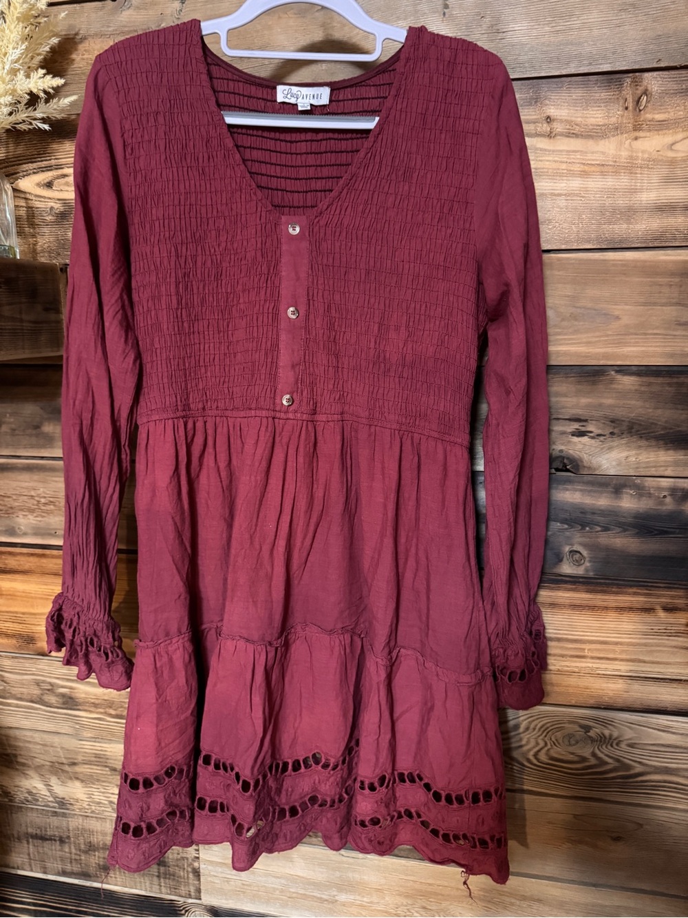 Lucy Avenue Burgundy Boho Midi Dress | Size Large smocked Eyelets